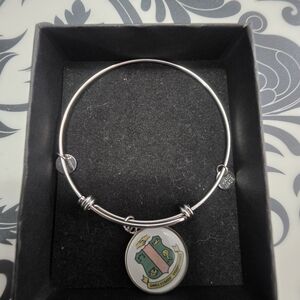 Silver-tone Sorority Crest Charm Bangle Bracelet - Pink & Green